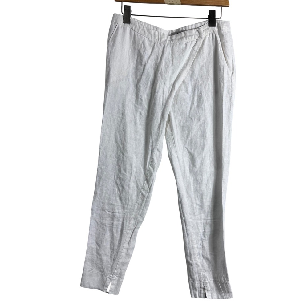 Rhea Mae White 100% Linen Wrap Front Tapered Ankle Pants Womens Small Made USA